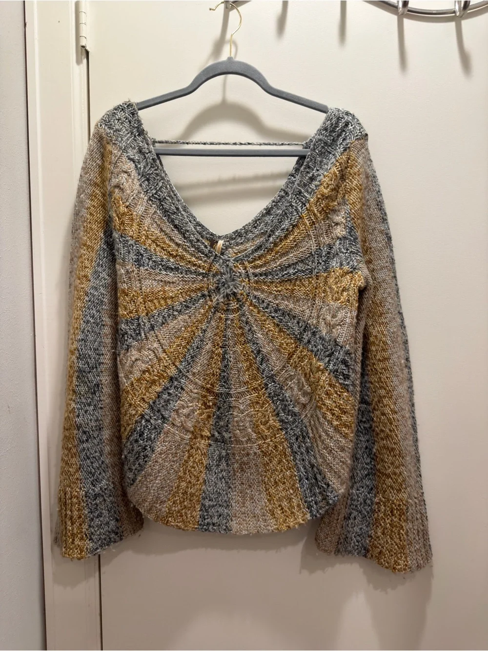 Free People Striped Twist-Front V-Neck Sweater in Gray & Mustard wool blend